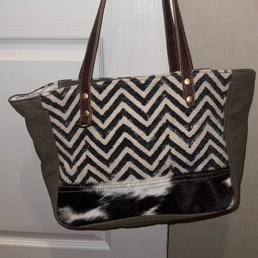 Myra Bag Chevron Patterned Tote Bag with Brown Accents